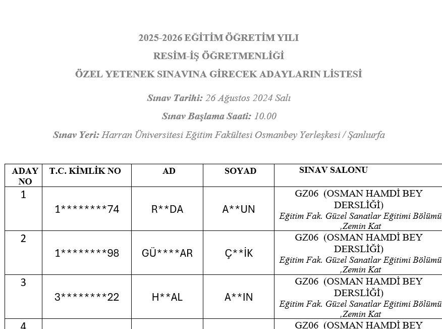Özel Yetenek Sınavına Girecek Adayların Listesi